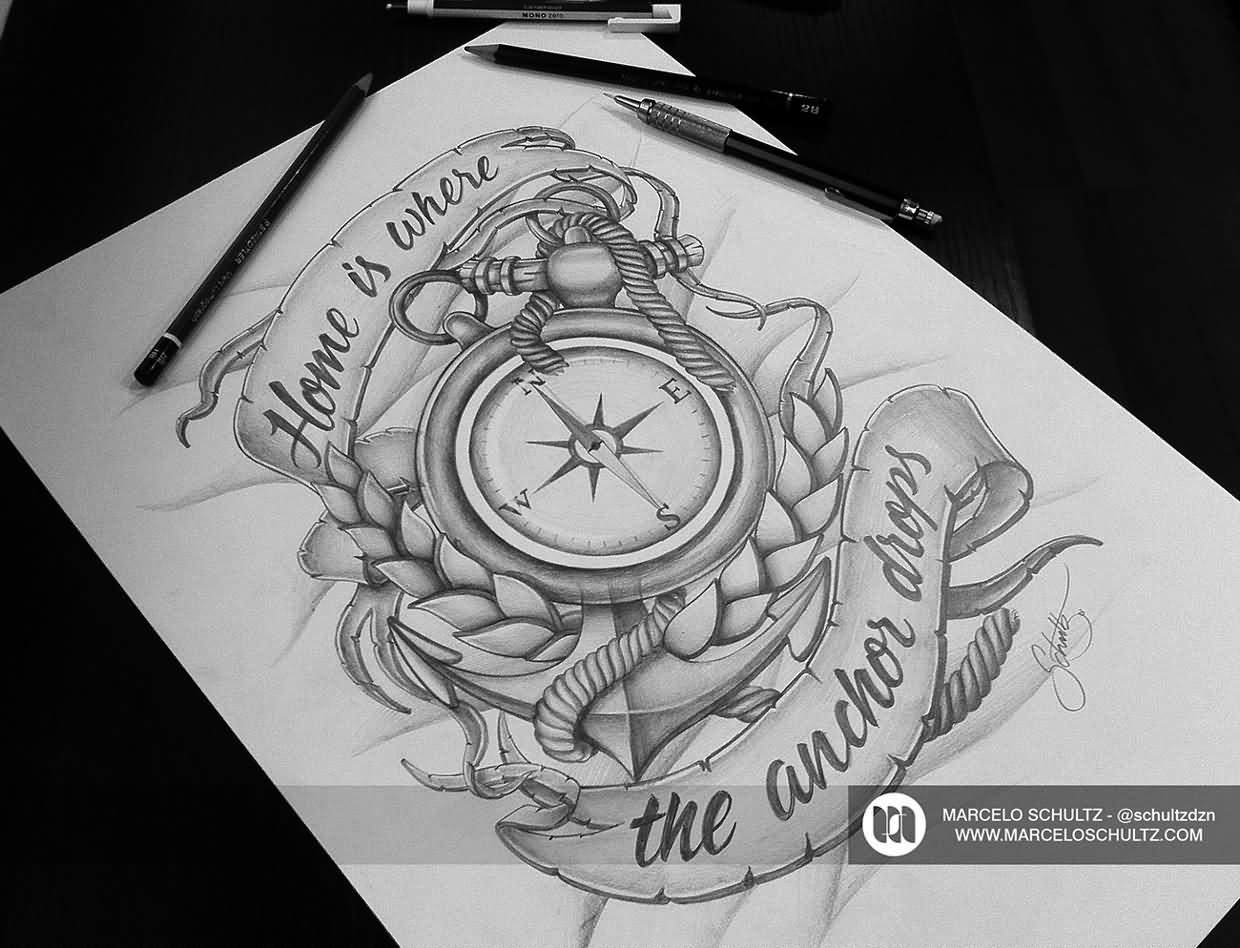 Anchor With Compass And Banner Tattoo Design By Marcelo Schultz