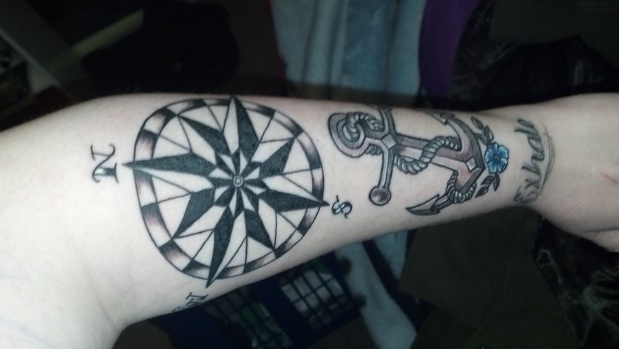 Anchor With Compass Tattoo On Left Forearm