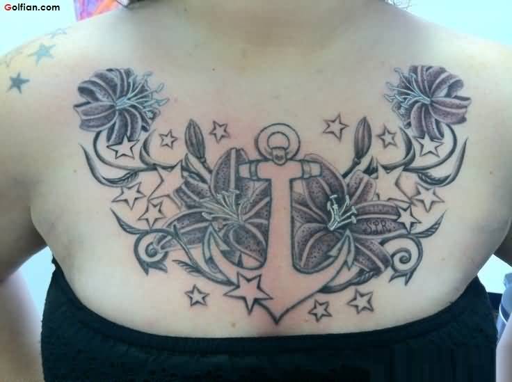 Anchor With Flowers And Stars Tattoo On Chest