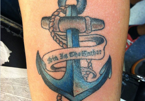 Anchor With Rope And Banner Tattoo Design For Sleeve