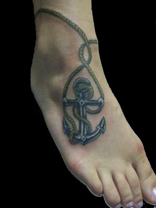 Anchor With Rope Tattoo On Girl Right Foot