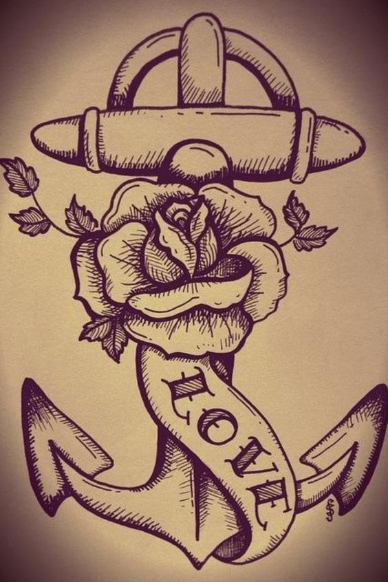 Anchor With Rose And Love Banner Tattoo Design