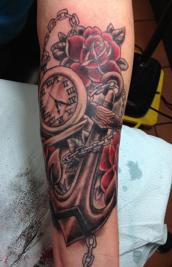 Anchor With Roses And Pocket Watch Tattoo Design For Sleeve