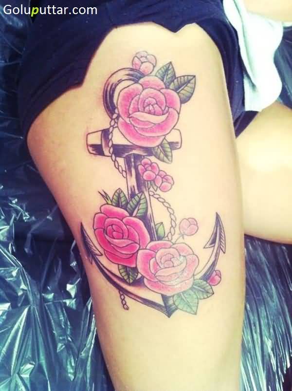 Anchor With Roses Tattoo On Girl Right Side Thigh
