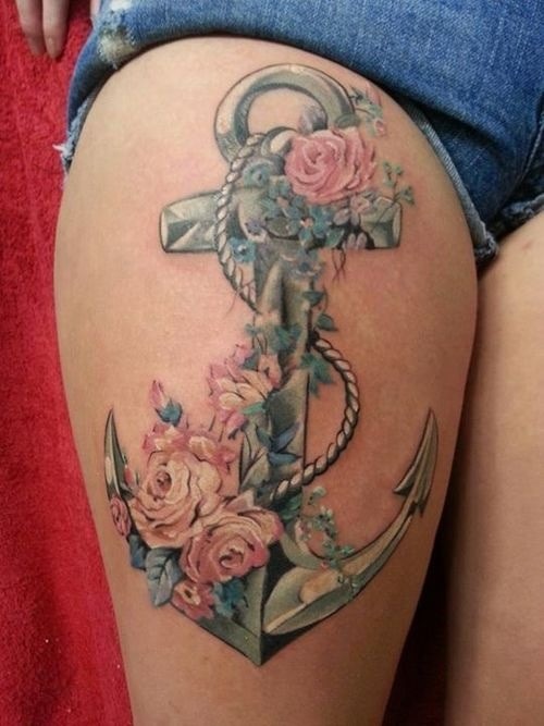 Anchor With Roses Tattoo On Girl Right Thigh
