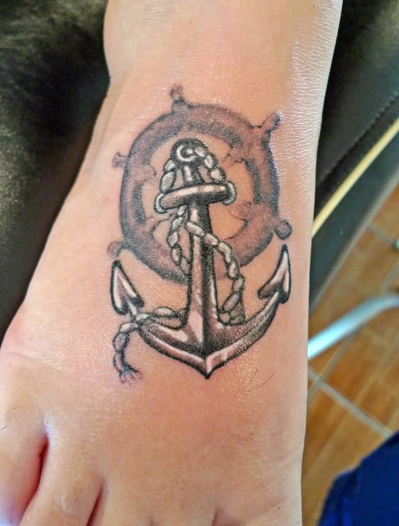 Anchor With Ship Wheel Tattoo On Right Foot