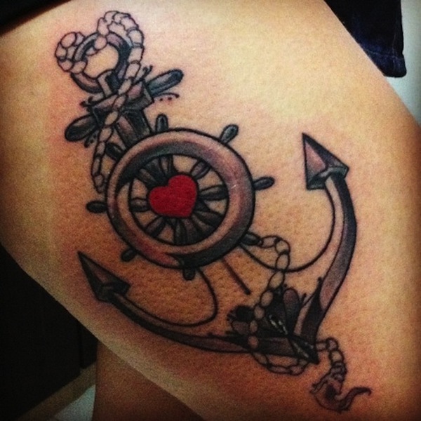 Anchor With Ship Wheel Tattoo On Right Thigh
