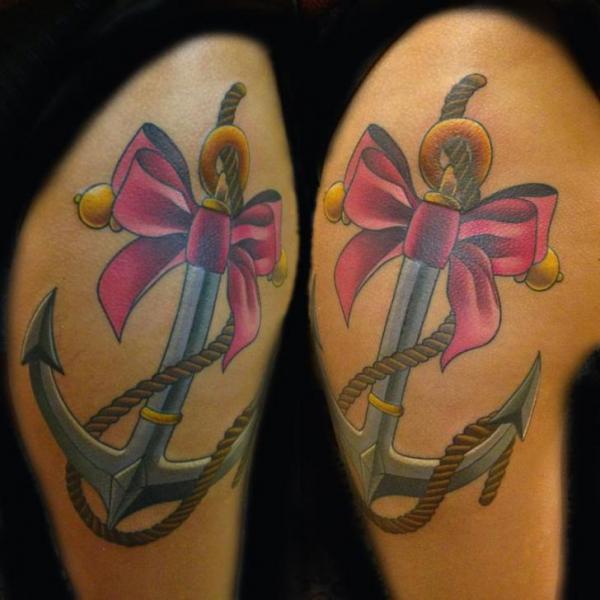 Attractive 3D Anchor With Bow Tattoo Design For Shoulder