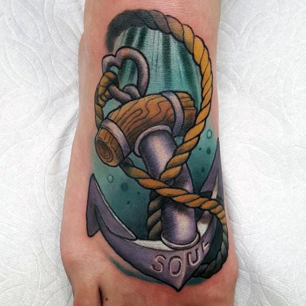 Attractive 3D Anchor With Rope Tattoo On Right Foot
