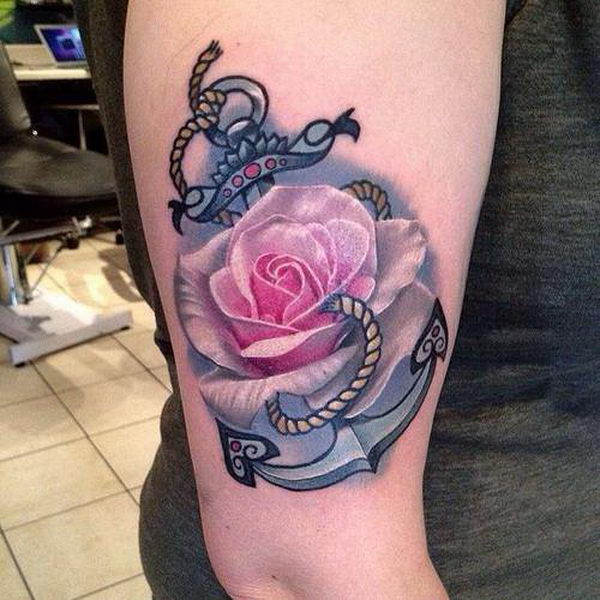 Attractive 3D Anchor With Rose Tattoo On Right Half Sleeve By Deidre