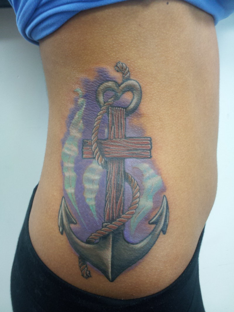 Attractive Anchor Cross Tattoo On Girl Right Side Rib