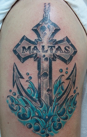 Attractive Anchor Cross Tattoo On Right Half Sleeve