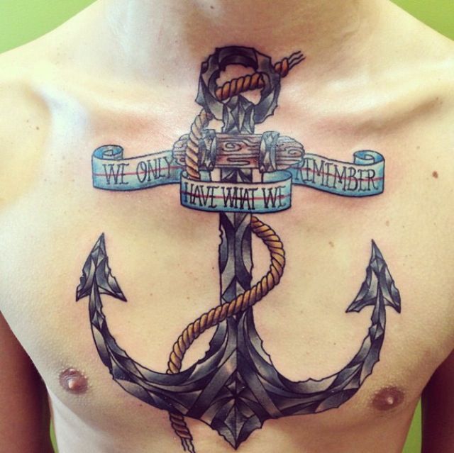 Attractive Anchor With Banner Tattoo On Man Chest