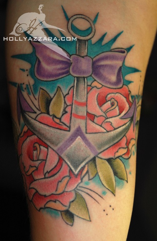 Attractive Anchor With Bow And Roses Tattoo Design For Half Sleeve