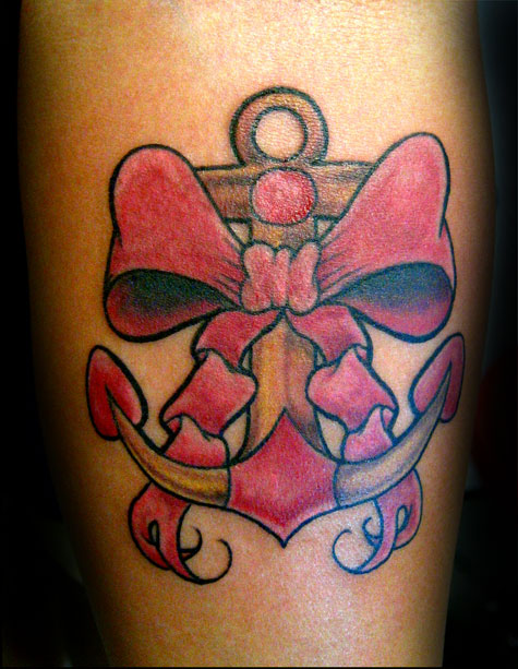 Attractive Anchor With Bow Tattoo Design For Leg