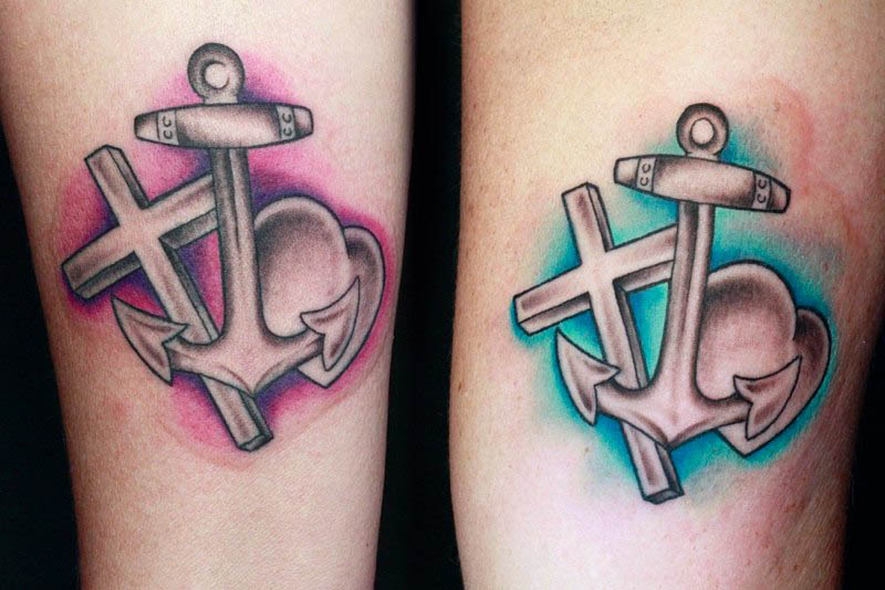 Attractive Anchor With Cross And Heart Tattoo Design For Sleeve