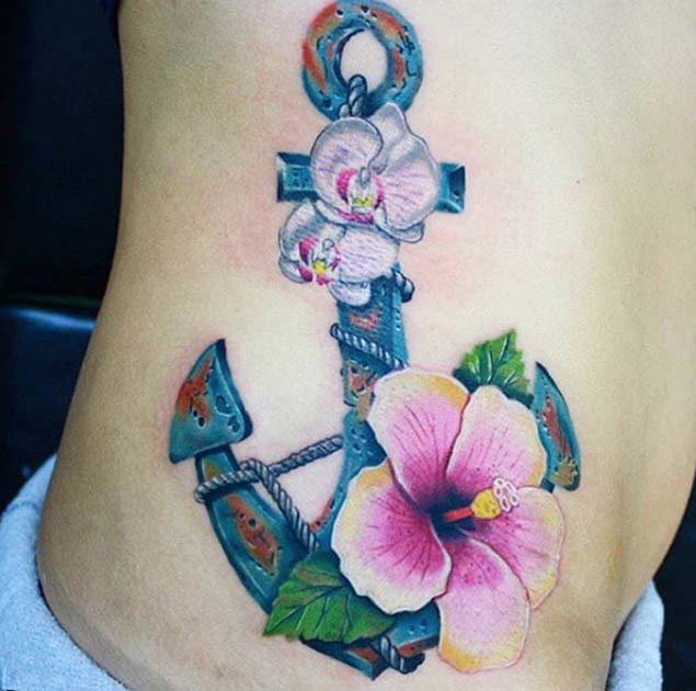 Attractive Anchor With Flowers Tattoo On Right Side Rib By Pablo