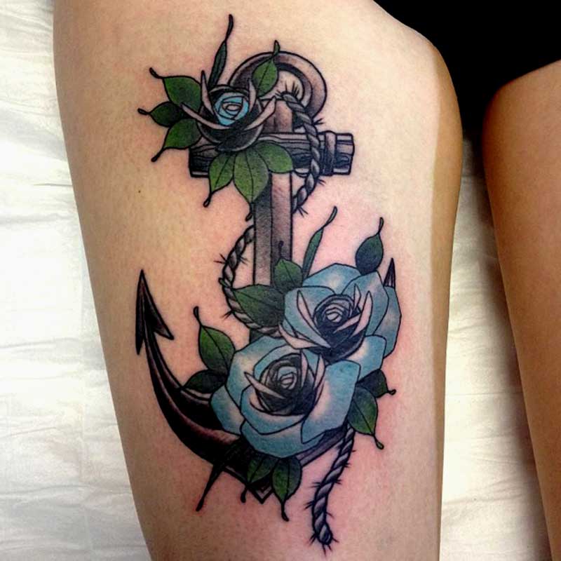 Attractive Anchor With Roses Tattoo On Women Right Thigh