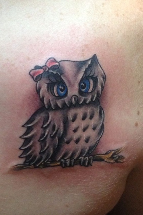 Attractive Black And Grey Owl On Branch Tattoo Design