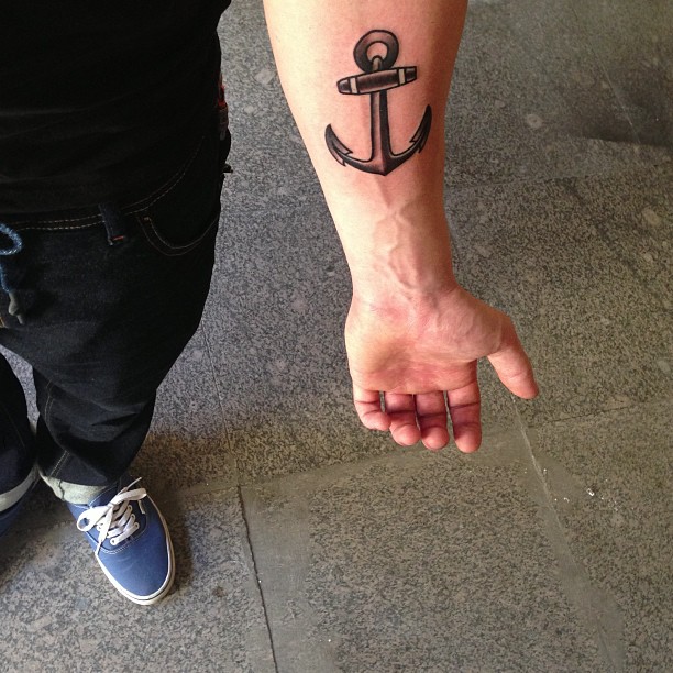 Attractive Black Ink Anchor Tattoo On Left Forearm
