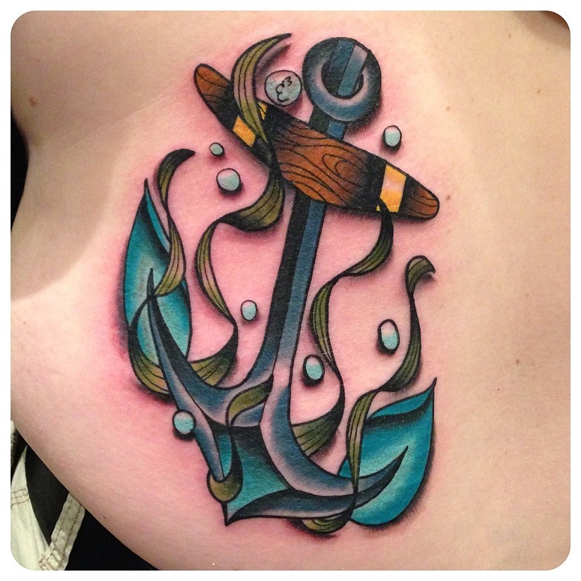 Attractive Colorful Neo Anchor Tattoo Design For Lower Back
