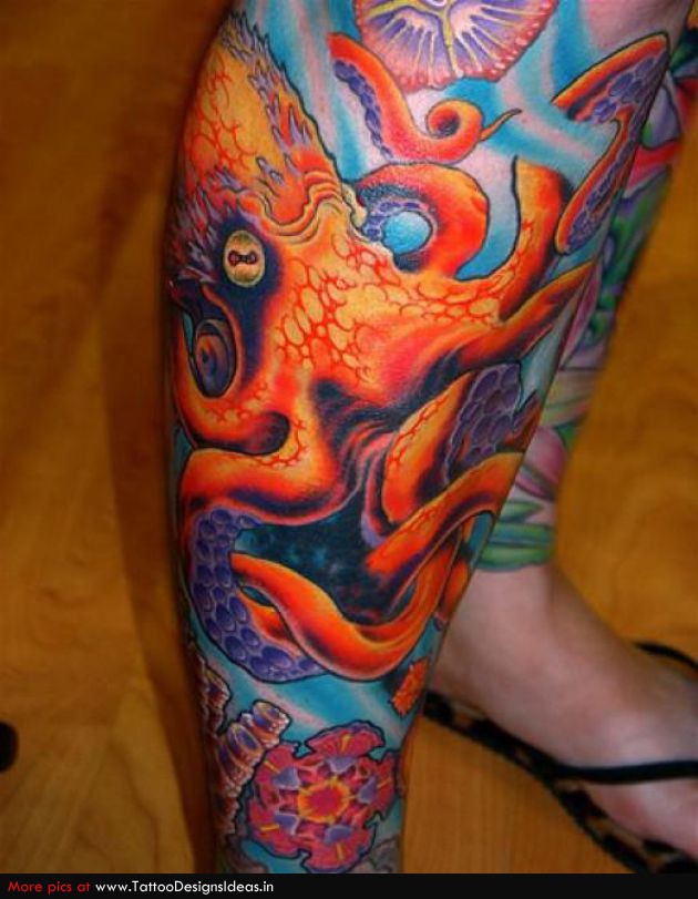 Attractive Colorful Octopus Tattoo On Man Right Leg