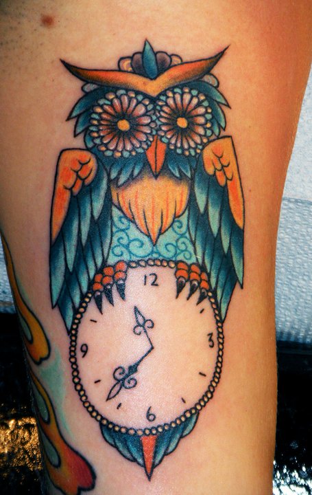 Attractive Colorful Owl With Clock Tattoo Design For Sleeve