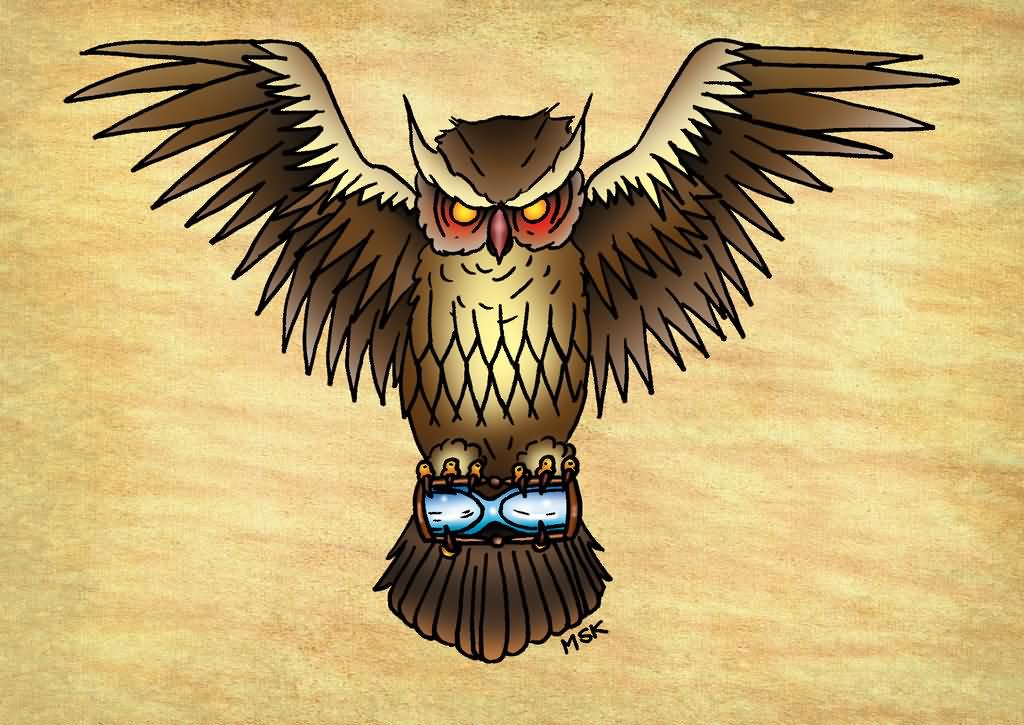 Attractive Flying Owl With Hourglass Tattoo Design By Psychoead