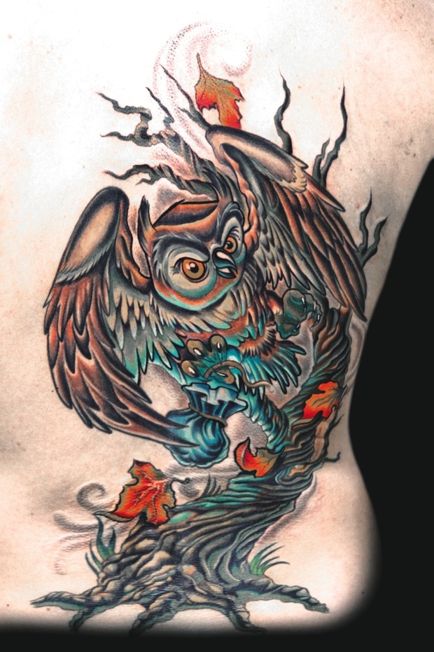 Attractive Flying Owl With Tree Tattoo On Full Back
