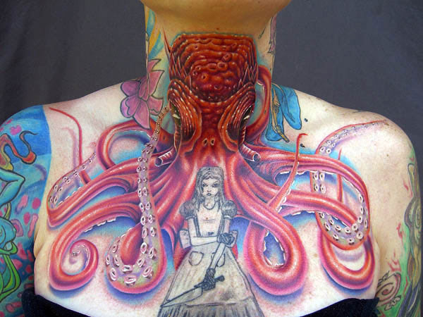 Attractive Japanese Octopus Tattoo On Neck