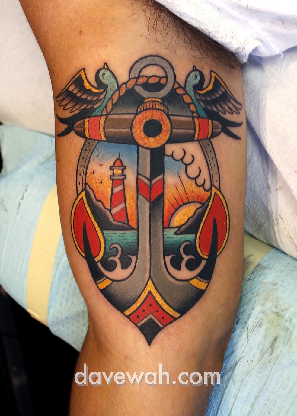 Attractive Neo Anchor With Flying Birds Tattoo On Right Bicep By Dave Wah