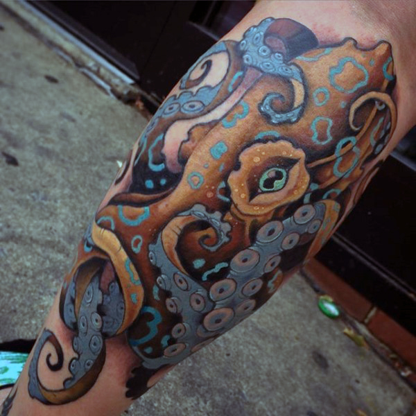 Attractive Octopus Tattoo On Left Leg Calf By Jason Bradbury