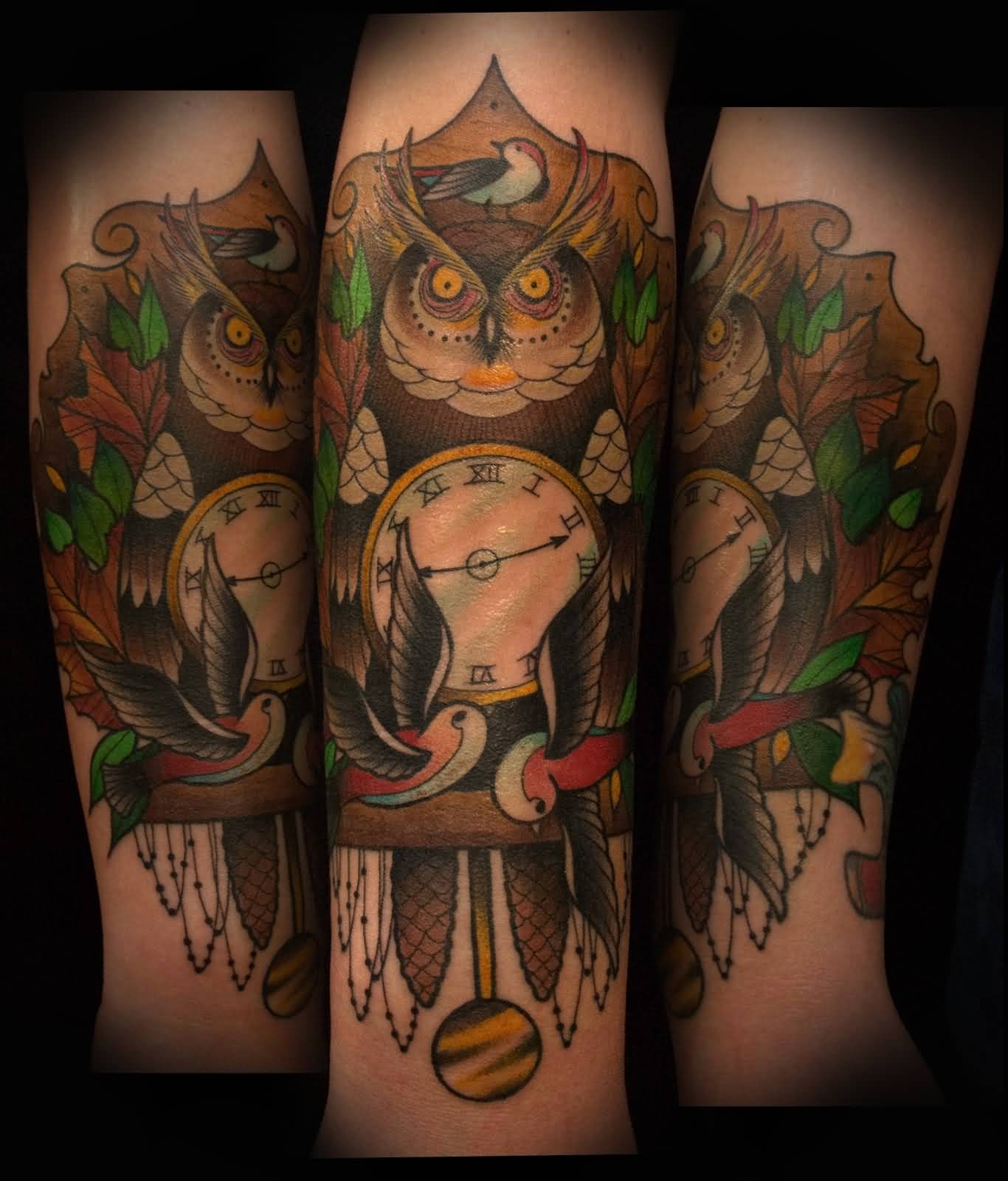 Attractive Owl Clock With Flying Birds Tattoo Design For Sleeve