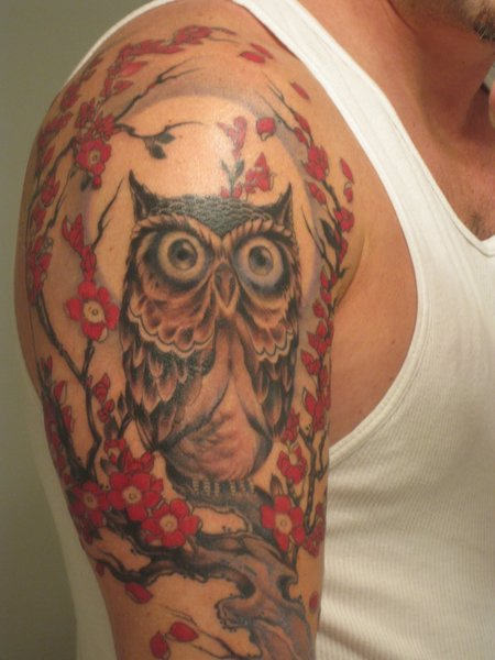 Attractive Owl On Tree Tattoo On Man Right Half Sleeve