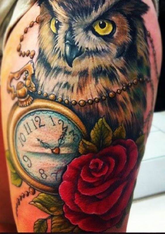 Attractive Owl With Clock And Rose Tattoo Design For Thigh By John Schauble