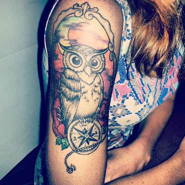 Attractive Owl With Compass Tattoo On Girl Right Half Sleeve