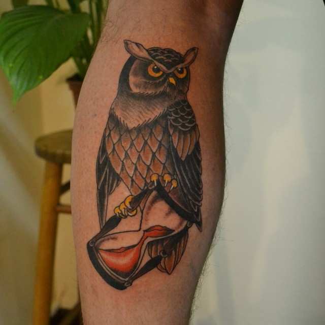 Attractive Owl With Hourglass Tattoo Design For Leg Calf