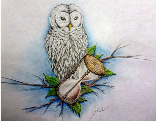 Attractive Owl With Hourglass Tattoo Design