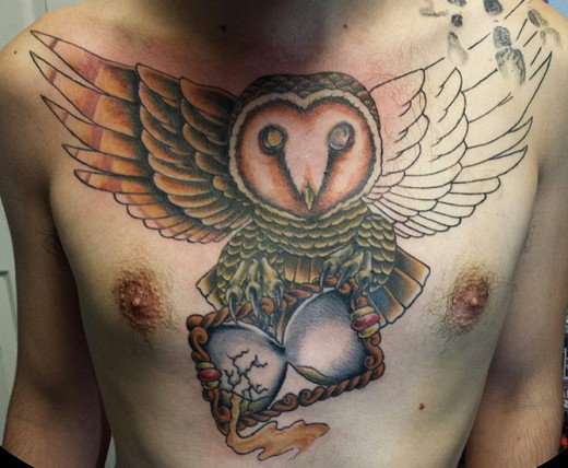 Attractive Owl With Hourglass Tattoo On Man Chest