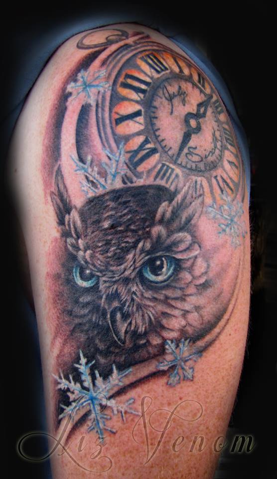 Attractive Owl With Pocket Watch Tattoo On Left Shoulder