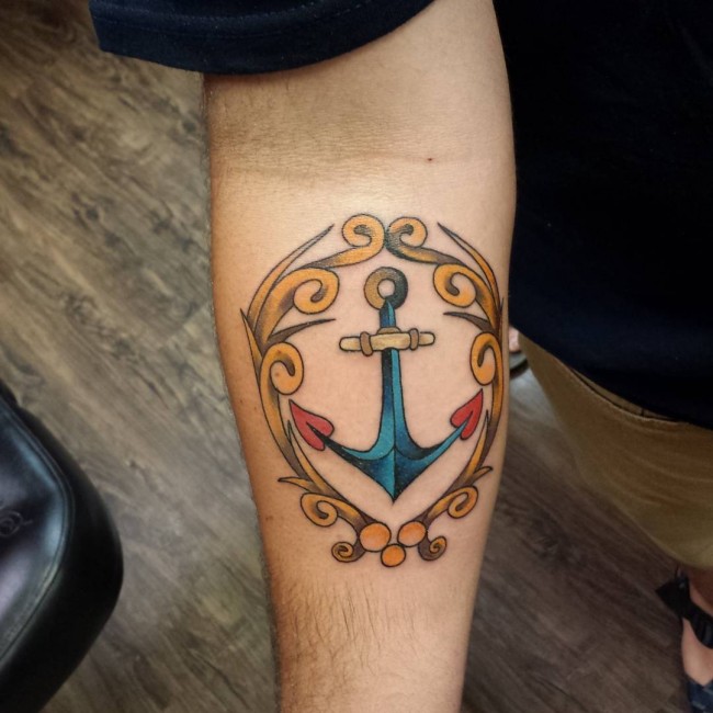 Attractive Traditional Anchor In Frame Tattoo On Right Forearm