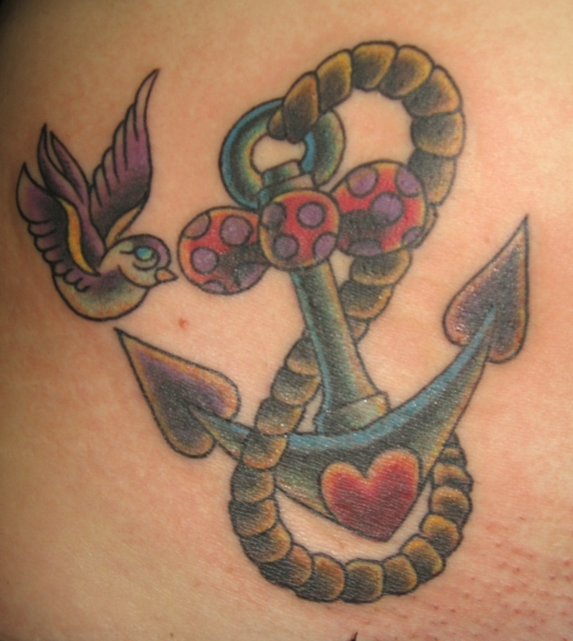 Attractive Traditional Anchor With Flying Bird Tattoo Design For Hip By Evldemon