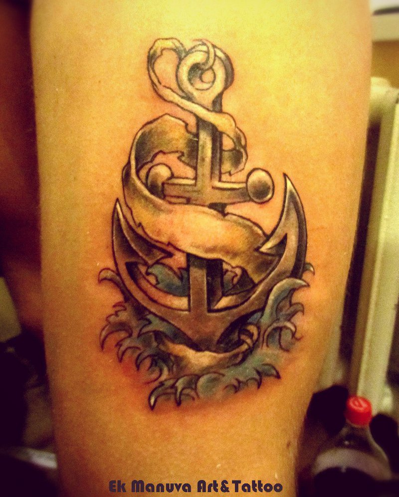 Awesome 3D Anchor With Banner Tattoo On Right Half Sleeve