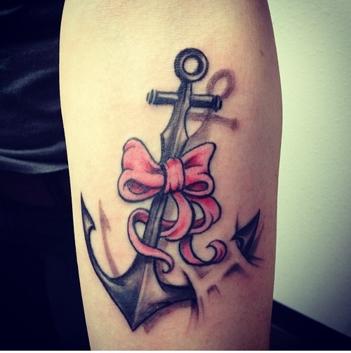 Awesome 3D Anchor With Bow Tattoo On Half Sleeve