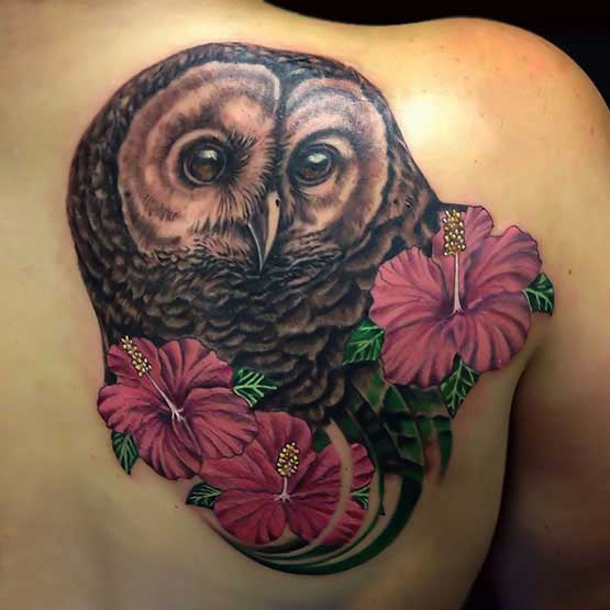 Awesome 3D Owl With Flowers Tattoo On Female Right Back Shoulder