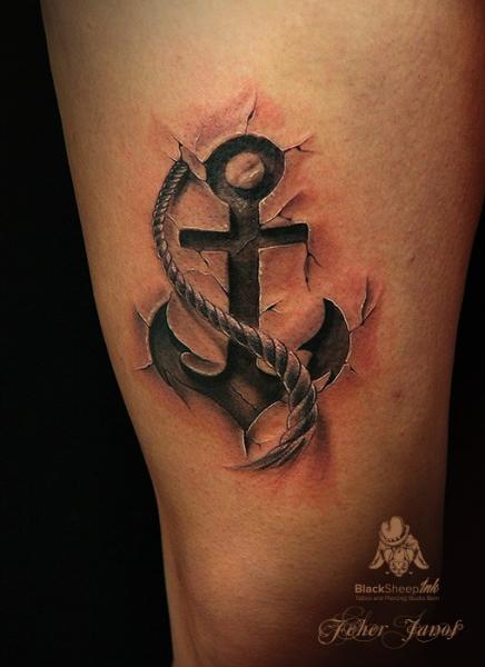 Awesome 3D Ripped Skin Anchor With Rope Tattoo Design For Thigh By Blacksheep