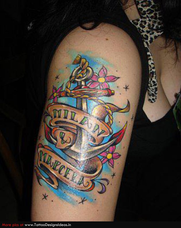 Awesome Anchor With Banner And Flowers Tattoo On Women Right Half Sleeve