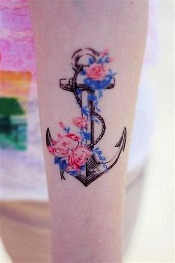 Awesome Anchor With Roses Tattoo Design For Girl Sleeve
