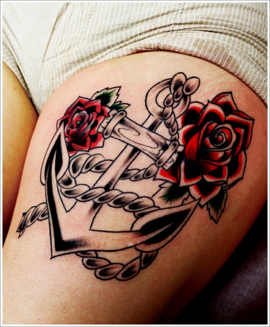 Awesome Anchor With Roses Tattoo On Left Thigh