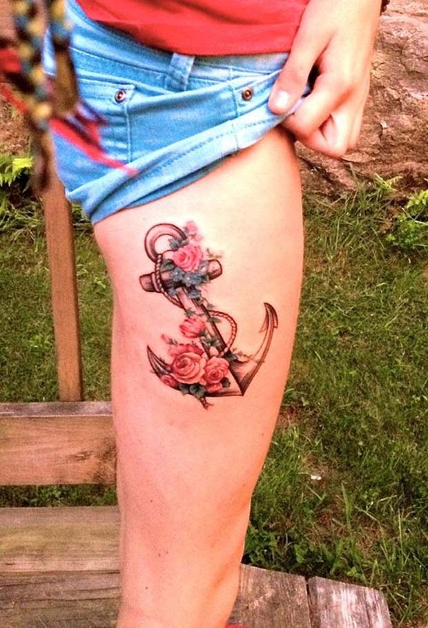 Awesome Anchor With Roses Tattoo On Women Right Side Thigh By MonstersRus